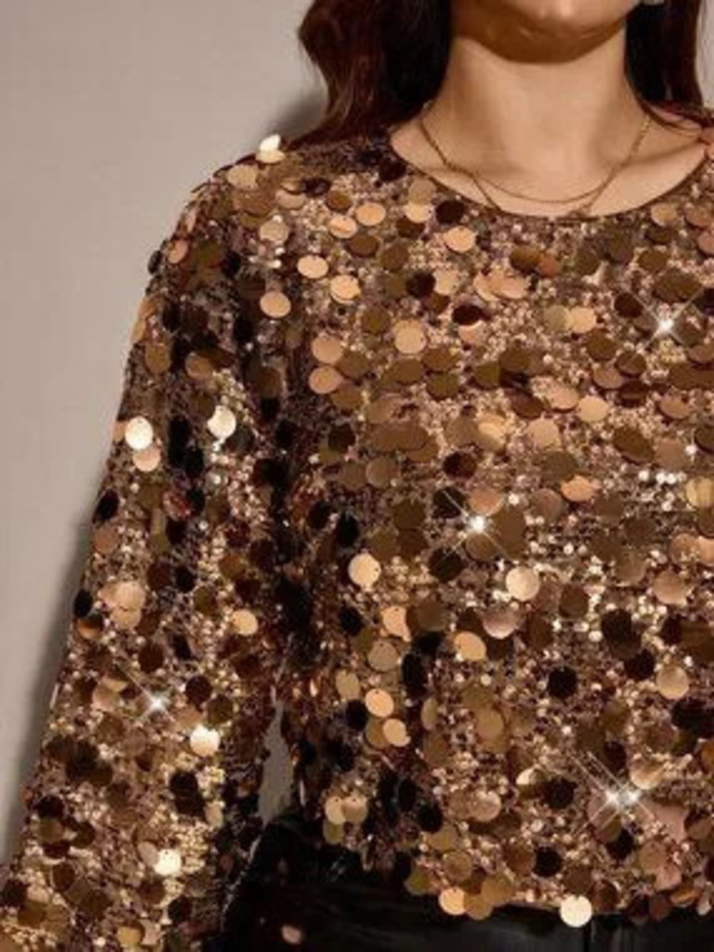 Coffee Brown Party Women's PLus size Sequin Round Neck blouse